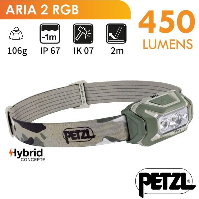 【法國 Petzl】ARIA 2 RGB 超輕量頭燈(450流明.IPX67防水防塵)/E070BA01 迷彩✿30E010